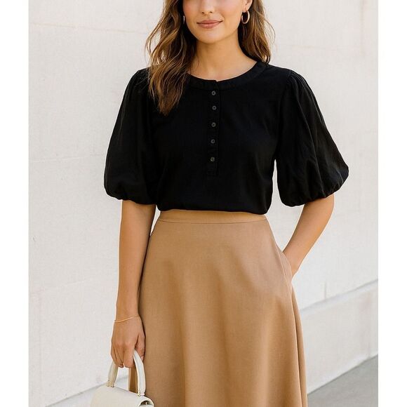 Old Navy Womens Black Cotton‎ Puff Sleeve Stretchy Fitted Button Top sz XXL Boho - Picture 1 of 5